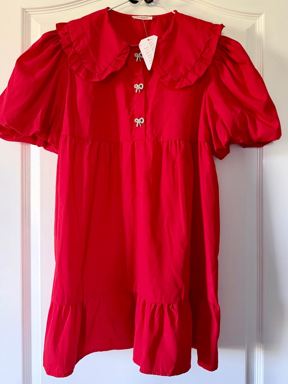 SUNDAYUP Red Puff-Sleeve Mini Dress with Ruffle Collar